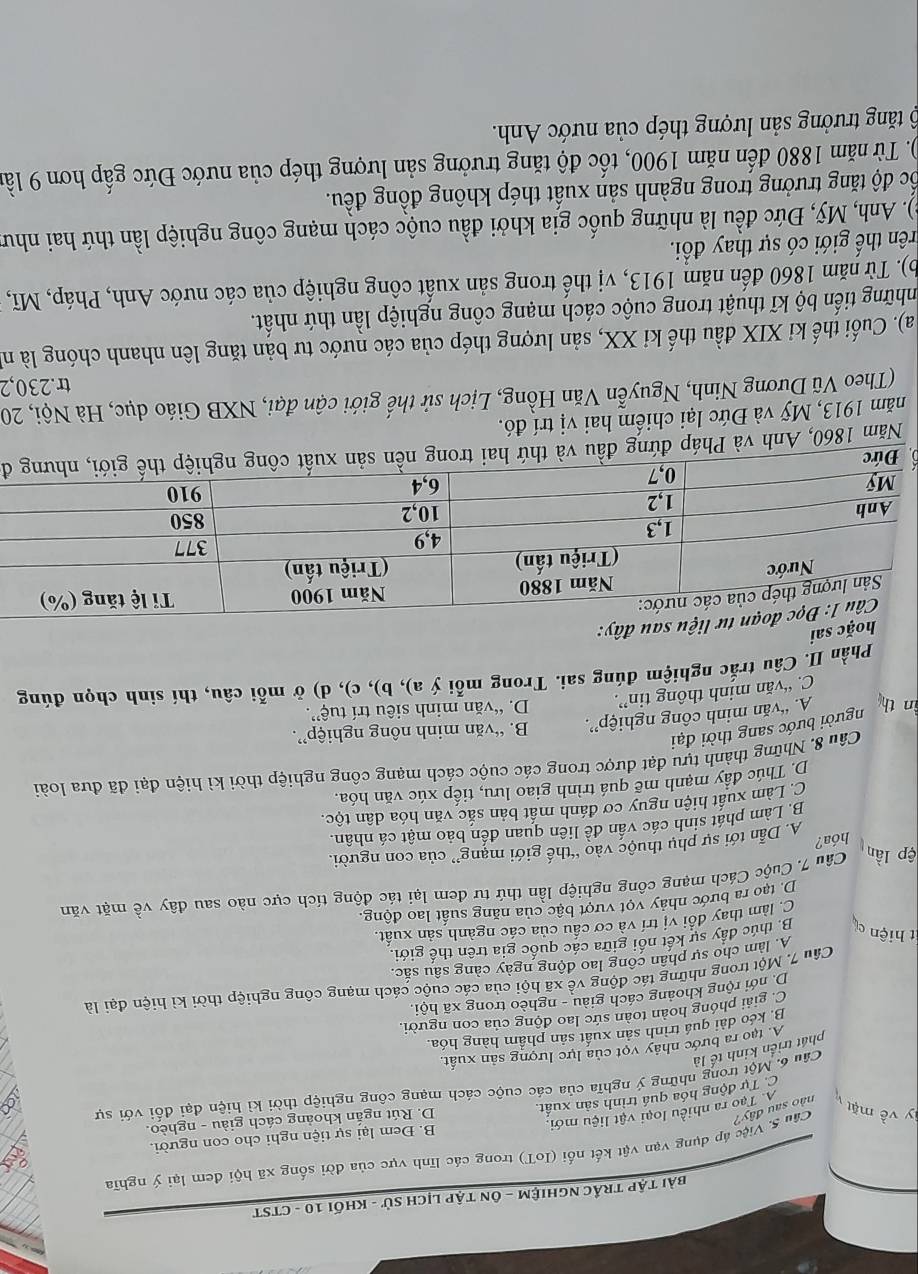 bài Tập trẬC ngHiệm - ôN tập lịch sử - Khối 10 - CTST
B. Đem lại sự tiện nghi cho con người.
y về mặt
não sau đây?  Câu 5. Việc áp dụng vạn vật kết nổi (IoT) trong các lĩnh vực của đời sống xã hội đem lại ý nghĩa
D. Rút ngắn khoảng cách giàu - nghèo.
A. Tạo ra nhiều loại vật liệu mới.
C. Tự động hóa quá trình sản xuất,
Câu 6. Một trong những ý nghĩa của các cuộc cách mạng công nghiệp thời kì hiện đại đối v6i sự
phát triển kinh tế là
A. tạo ra bước nhảy vọt của lực lượng sản xuất.
B. kéo dài quá trình sản xuất sản phẩm hàng hóa.
C. giải phóng hoàn toàn sức lao động của con người.
D. nới rộng khoảng cách giàu - nghèo trong xã hội.
Câu 7. Một trong những tác động về xã hội của các cuộc cách mạng công nghiệp thời kì hiện đại là
A. làm cho sự phân công lao động ngày càng sâu sắc.
t hiện cù B. thúc đầy sự kết nối giữa các quốc gia trên thế giới.
C. làm thay đồi vị trí và cơ cầu của các ngành sản xuất.
D. tạo ra bước nhảy vọt vượt bậc của năng suất lao động.
ệp lần Câu 7. Cuộc Cách mạng công nghiệp lần thứ từ đem lại tác động tích cực nào sau đây
vwidehat e mặt văn
hóa? A. Dẫn tới sự phụ thuộc vào “thế giới mạng” của con người.
B. Làm phát sinh các vấn đề liên quan đến bảo mật cá nhân.
C. Làm xuất hiện nguy cơ đánh mất bản sắc văn hóa dân tộc.
D. Thúc đầy mạnh mẽ quá trình giao lưu, tiếp xúc văn hóa.
Câu 8. Những thành tựu đạt được trong các cuộc cách mạng công nghiệp thời kì hiện đại đã đưa loài
người bước sang thời đại
in th A. “văn minh công nghiệp”. B. “văn minh nông nghiệp”.
D. “văn minh siêu trí tuệ”.
C. “văn mịnh thông tin”.
Phần II. Câu trắc nghiệm đúng sai. Trong mỗi ý a), b), c), d) ở mỗi câu, thí sinh chọn đúng
hoặc sai
ư liệu sau đây:
Năm 1860, Anh và Pháp đứng đầu đi
năm 1913, Mỹ và Đức lại chiếm hai vị trí đó.
(Theo Vũ Dương Ninh, Nguyễn Văn Hồng, Lịch sử thế giới cận đại, NXB Giáo dục, Hà Nội, 20
tr.230,2
a). Cuối thế kỉ XIX đầu thế ki XX, sản lượng thép của các nước tư bản tăng lên nhanh chóng là n
tnhững tiến bộ kĩ thuật trong cuộc cách mạng công nghiệp lần thứ nhất.
b). Từ năm 1860 đến năm 1913, vị thế trong sản xuất công nghiệp của các nước Anh, Pháp, Mĩ,
trên thế giới có sự thay đổi.
e). Anh, Mỹ, Đức đều là những quốc gia khởi đầu cuộc cách mạng công nghiệp lần thứ hai như
ốc độ tăng trưởng trong ngành sản xuất thép không đồng đều.
). Từ năm 1880 đến năm 1900, tốc độ tăng trưởng sản lượng thép của nước Đức gấp hơn 9 lần
6 tăng trưởng sản lượng thép của nước Anh.
