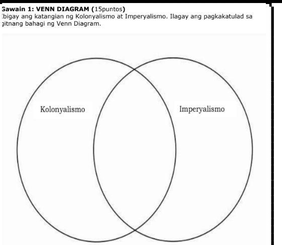 Gawain 1: VENN DIAGRAM (15puntos) 
bigay ang katangian ng Kolonyalismo at Imperyalismo. Ilagay ang pagkakatulad sa 
)itnang bahagi ng Venn Diagram.