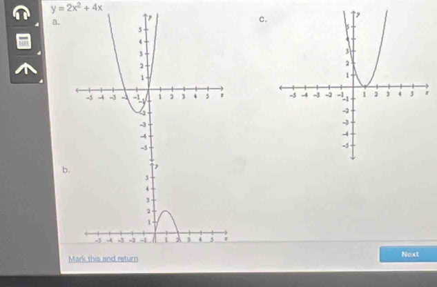 y=2x^2+4x
a. 
c. 

b. 
Mark this and return Next