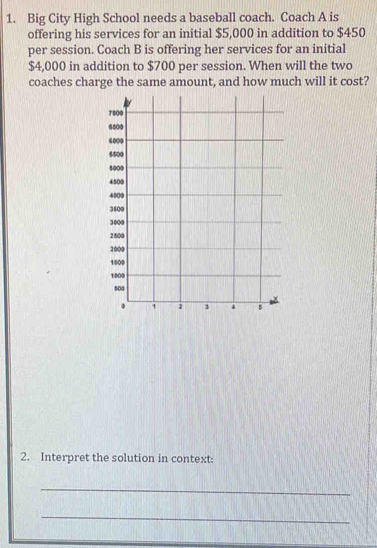 For #1 - 3, solve f(x)=g(x) by any method. Plot the point that represents the solution to the 
equation f(x)=g(x). 
1. Big City High School needs a baseball coach. Coach A is 3. Consider the following two equations. 
offering his services for an initial $5,000 in addition to $450
per session. Coach B is offering her services for an initial
f(x)=-4x-6
$4,000 in addition to $700 per session. When will the two g(x)= 1/2 x+3
coaches charge the same amount, and how much will it cost? Plot the point that represents the 
solution to the equation f(x)=g(x)

2. Interpret the solution in context: 
_ 
_