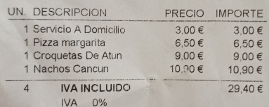 UN. DESCRIPCION PRECIO IMPORTE 
1 Servicio A Domicilio 3,00 € 3,00€
1 Pizza margarita 6,50 € 6,50 €
1 Croquetas De Atun 9,00 € 9,00€
1 Nachos Cancun 10.90 € 10,90 €
4 IVA INCLUIDO 29,40€
IVA 0%