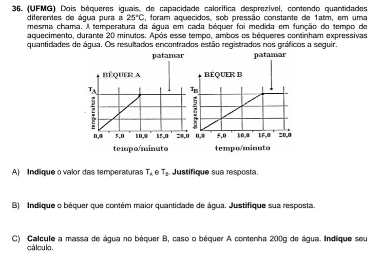 (UFMG) Dois béqueres iguais, de capacidade calorífica desprezível, contendo quantidades
diferentes de água pura a 25°C , foram aquecidos, sob pressão constante de 1atm, em uma
mesma chama. A temperatura da água em cada béquer foi medida em função do tempo de
aquecimento, durante 20 minutos. Após esse tempo, ambos os béqueres continham expressivas
quantidades de água. Os resultados encontrados estão registrados nos gráficos a seguir.
A) Indique o valor das temperaturas T_A e T_B. Justifique sua resposta.
B) Indique o béquer que contém maior quantidade de água. Justifique sua resposta.
C) Calcule a massa de água no béquer B, caso o béquer A contenha 200g de água. Indique seu
cálculo.