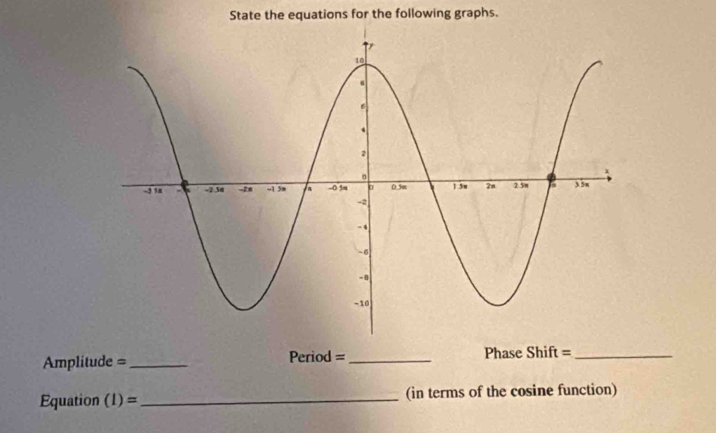 State the equations for the following graphs. 
= Amplitude =_ 
Period = _Phase Shift =_ 
Equatio D= a_ (in terms of the cosine function)