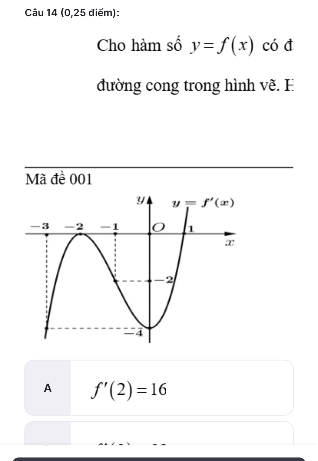 (0,25 điểm):
Cho hàm số y=f(x) có đ
đường cong trong hình vẽ. H
Mã đề 001
A
f'(2)=16