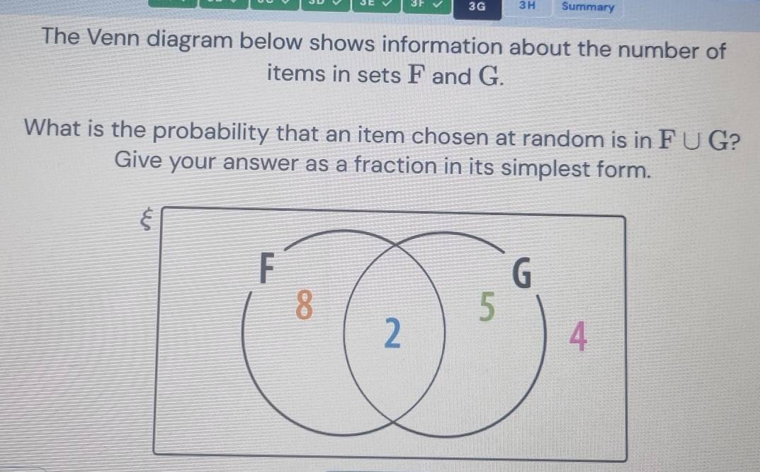 oE oF 3G 3H Summary 
The Venn diagram below shows information about the number of 
items in sets F and G. 
What is the probability that an item chosen at random is in F∪ G ? 
Give your answer as a fraction in its simplest form. 
ξ