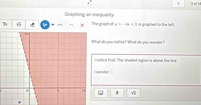 < 3 of 14 
Graphing an inequality 
Tr sqrt(± ). The graph of y>-4x+3 is graphed to the left. 
at do you notice? What do you wonder? 
notice that: The shaded region is above the line 
wonder:
5
sqrt(± )