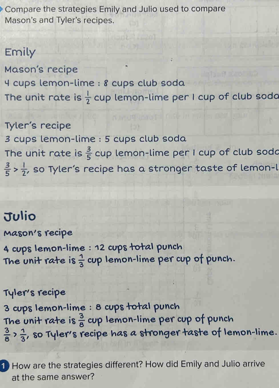 Compare the strategies Emily and Julio used to compare
Mason's and Tyler's recipes.
Emily
Mason's recipe
4 cups lemon-lime : 8 cups club soda
The unit rate is  1/2  cup lemon-lime per I cup of club soda
Tyler’s recipe
3 cups lemon-lime : 5 cups club soda
The unit rate is  3/5  cup lemon-lime per I cup of club sodd
 3/5 > 1/2  , so Tyler’s recipe has a stronger taste of lemon-l
Julio
Mason's recipe
4 cups lemon-lime : 12 cups total punch
The unit rate is  1/3  cup lemon-lime per cup of punch.
Tyler's recipe
3 cups lemon-lime : 8 cups total punch
The unit rate is  3/8  cup lemon-lime per cup of punch
 3/8 > 1/3  , so Tyler's recipe has a stronger taste of lemon-lime.
1 How are the strategies different? How did Emily and Julio arrive
at the same answer?