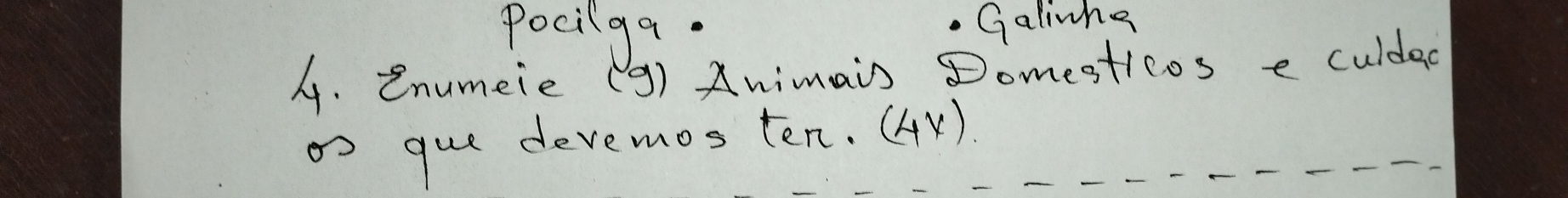 pocilga. 
Galinng 
4. Enumeie (9) Animais Domesticos e culded 
o gue devemos ten. (4x)