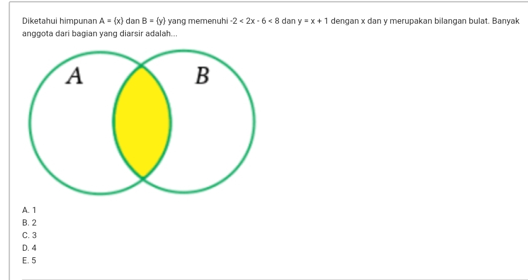 Diketahui himpunan A= x dan B= y yang memenuhi -2<2x-6<8 dan y=x+1 dengan x dan y merupakan bilangan bulat. Banyak
anggota dari bagian yang diarsir adalah...
A. 1
B. 2
C. 3
D. 4
E. 5