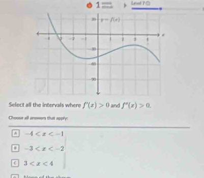 1= LPn
Select all the intervals where f'(x)>0 and f''(x)>0.
Choose all anowers that apply:
A -4
-3
C 3