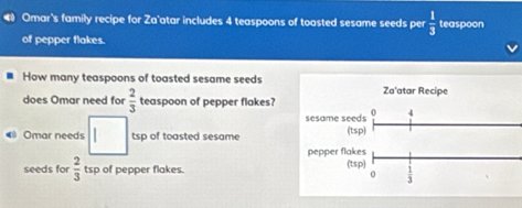 Omar's family recipe for Za'atar includes 4 teaspoons of toasted sesame seeds per  1/3  teaspoon 
of pepper flakes. 
How many teaspoons of toasted sesame seeds 
does Omar need for  2/3  teaspoon of pepper flakes? 
Omar needs tsp of toasted sesame 
seeds for  2/3  tsp of pepper flakes.