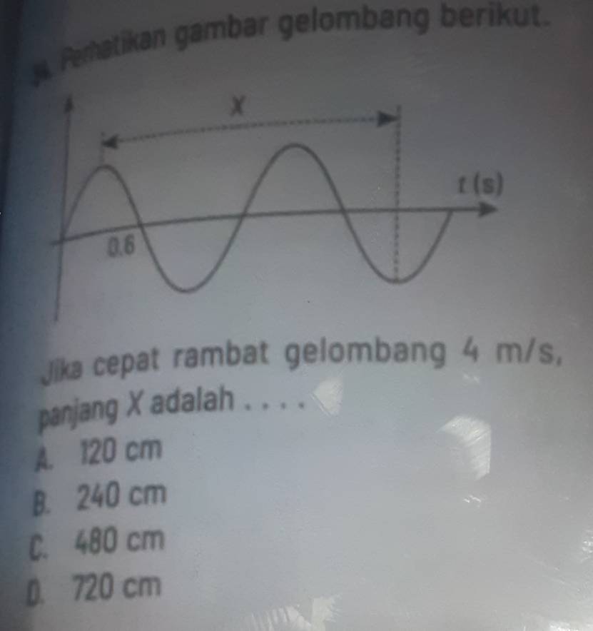 Peratikan gambar gelombang berikut.
Jika cepat rambat gelombang 4 m/s,
panjang X adalah . . . .
A. 120 cm
B. 240 cm
C. 480 cm
D. 720 cm