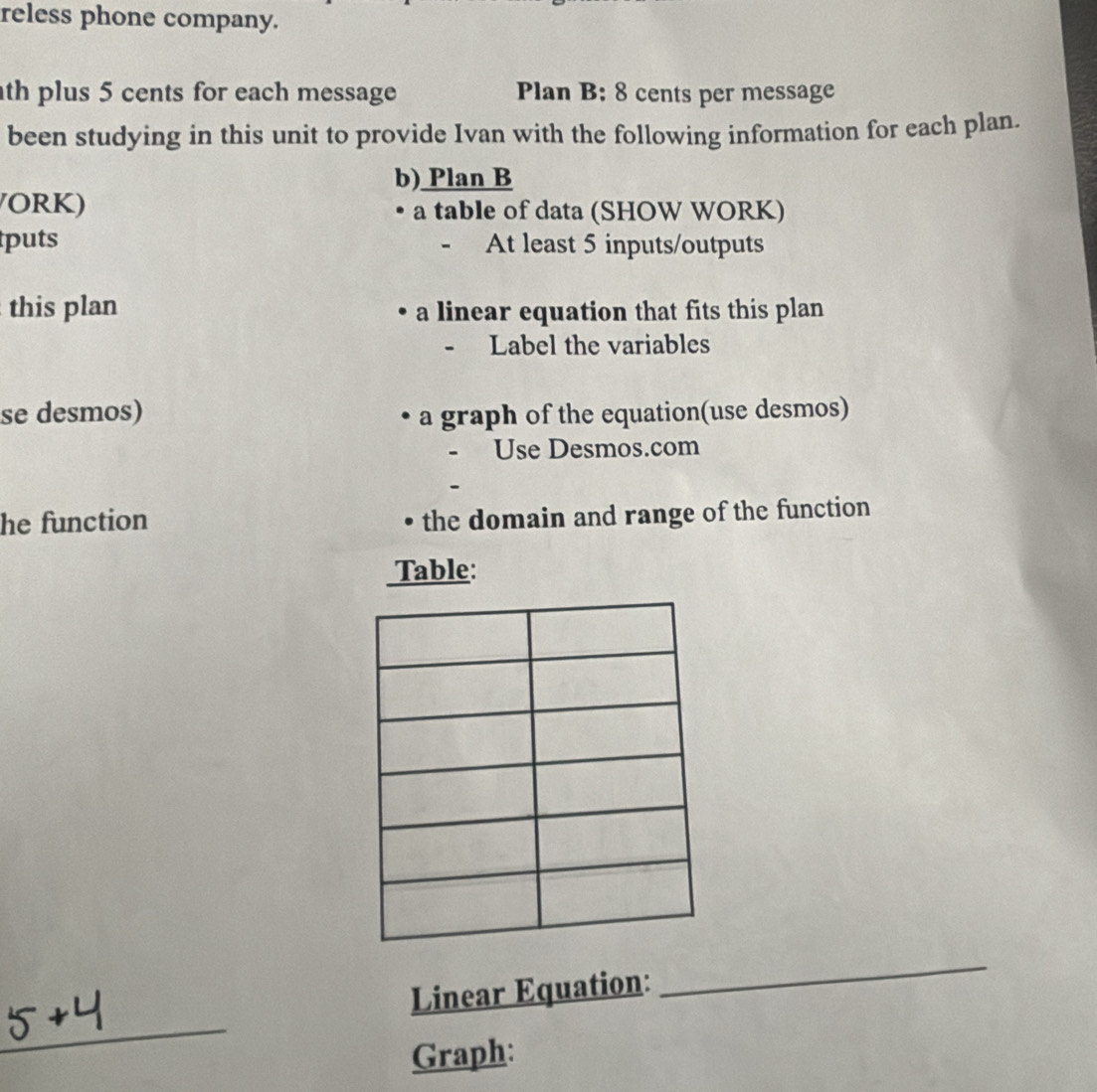 reless phone company. 
th plus 5 cents for each message Plan B: 8 cents per message 
been studying in this unit to provide Ivan with the following information for each plan. 
b) Plan B 
/ORK) a table of data (SHOW WORK) 
puts At least 5 inputs/outputs 
this plan a linear equation that fits this plan 
- Label the variables 
se desmos) a graph of the equation(use desmos) 
Use Desmos.com 
he function 
the domain and range of the function 
Table: 
Linear Equation: 
_ 
Graph: