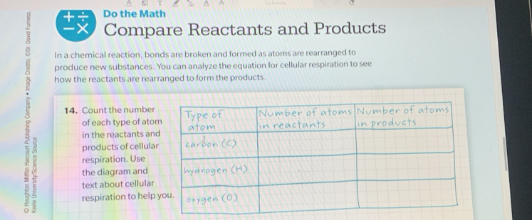 + Do the Math 
-x Compare Reactants and Products 
In a chemical reaction, bonds are broken and formed as atoms are rearranged to 
produce new substances. You can analyze the equation for cellular respiration to see 
how the reactants are rearranged to form the products. 
14. Count the number 
of each type of atom 
in the reactants and 
p respiration. Use 
products of cellular 
the diagram and 
text about cellular 
respiration to help