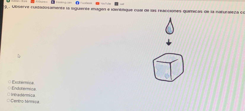 Addons Store A liExpress B ookin g.com Facebook YouTube sae
9, Observe cuidadosamente la siguiente imagen e identifique cual de las reacciones químicas de la naturaleza co
Exotérmica.
Endotérmica.
Intradérmica.
Centro térmica.