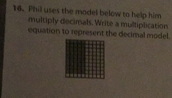 Phil uses the model below to help him 
multiply decimals. Write a multiplication 
equation to represent the decimal model.