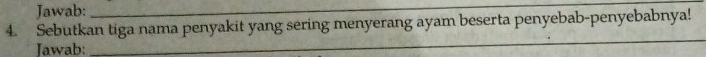 Jawab: 
_ 
4. Sebutkan tiga nama penyakit yang sering menyerang ayam beserta penyebab-penyebabnya! 
Jawab: 
_