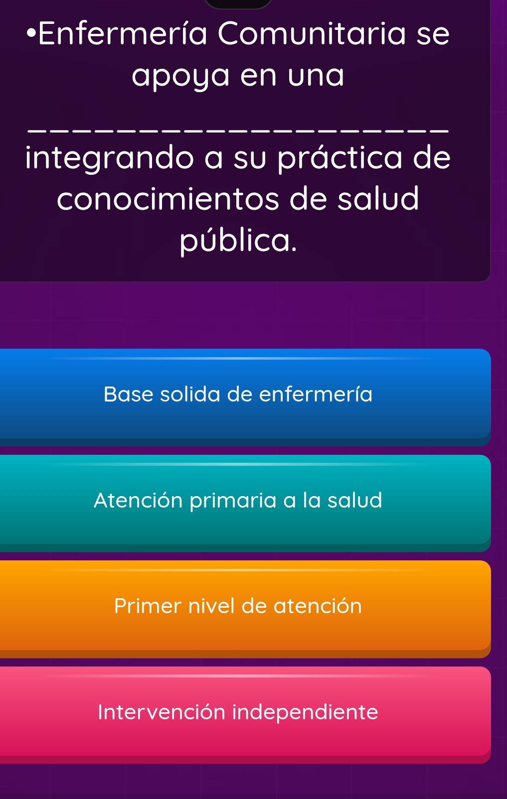 •Enfermería Comunitaria se
apoya en una
integrando a su práctica de
conocimientos de salud
pública.
Base solida de enfermería
Atención primaria a la salud
Primer nivel de atención
Intervención independiente