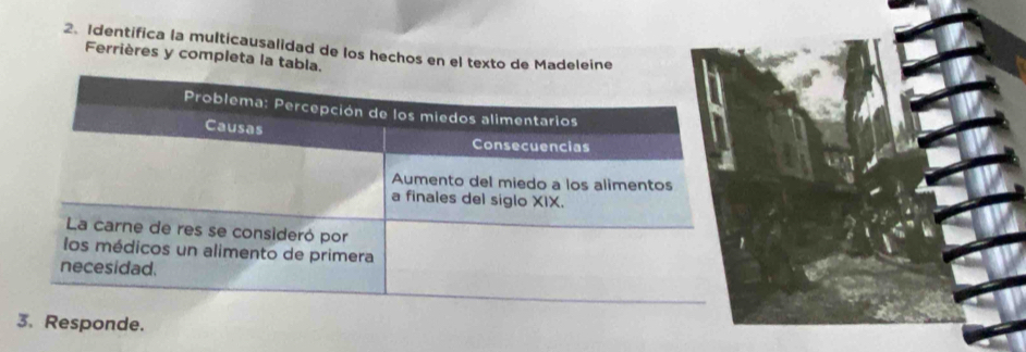 Identifica la multicausalidad de los hechos en el texto de Madeleine 
Ferrières y completa la tabla 
3. Responde.