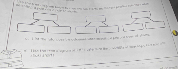 Use the tree diagram below to show the two events and the total possible outcomes when 
selecting a polo and a pair of shorts. 
c. List the total possible outcomes when selecting a polo and a pair of shorts. 
d. Use the tree diagram or list to determine the probability of selecting a blue polo with 
khaki shorts. 
an event