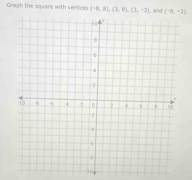 Graph the square with vertices (-8,8), (3,8), (3,-3) , and (-8,-3). 
10