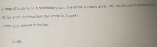 A map of a city is on a coordinate graph. The school is located at (4,-30) and the park is located at (4. 
What is the distance from the school to the park? 
Enter your answer in the box. 
□ units