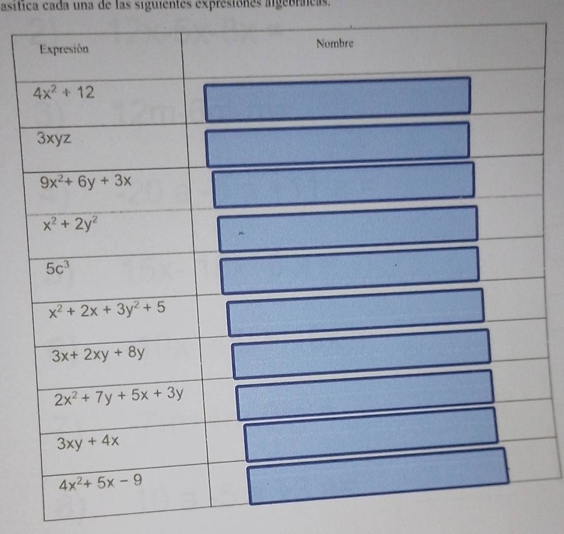 asífica cada una de las siguientes expresiones algebracas.