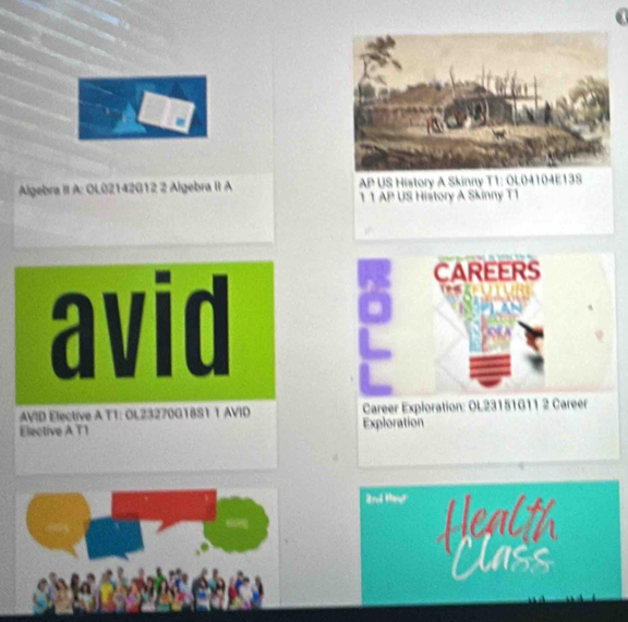 Algebra II A: OL02142G12 2 Algebra II A AP US History A Skinny T1: OL04104E13S 
1 1 AP US History A Skinny T1 
avid 
CAREERS 
AVID Elective A T1: OL23270G18S1 1 AVID Career Exploration: OL23151G11 2 Career 
Elective A T1 Exploration 
and Heyr lealt 
lass