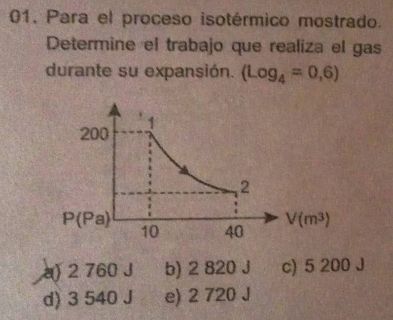 Para el proceso isotérmico mostrado.
Determine el trabajo que realiza el gas
durante su expansión. (Log_4=0,6)
1
200
2
P(Pa)
V(m^3)
10
40
a) 2 760 J b) 2 820 J c) 5 200 J
d) 3 540 J e) 2 720 J