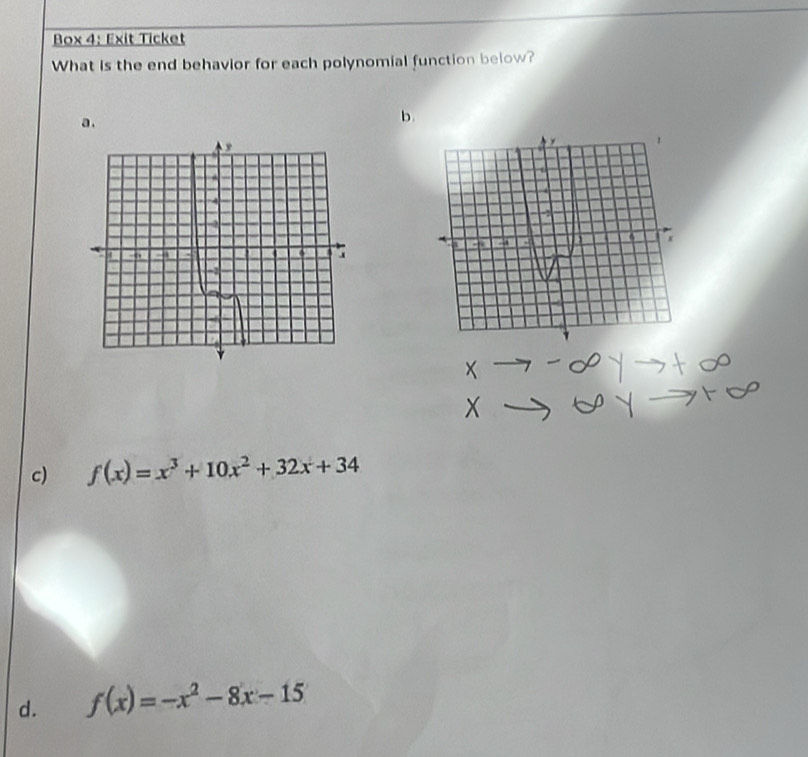 Box 4: Exit Ticket 
What is the end behavior for each polynomial function below? 
a . 
b. 
c) f(x)=x^3+10x^2+32x+34
d. f(x)=-x^2-8x-15