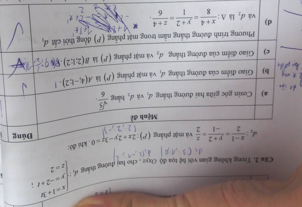 z=2 d;beginarrayl x=1+3t y=-2+t z=2endarray..
Câu 2. Trong không gian với hệ tọa độ Oxyz , cho hai đường thẳng