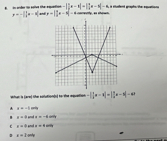 In order to solve the equation -| 1/2 x-1|=| 5/2 x-5|-6 , a student graphs the equations
y=-| 1/2 x-1| and y=| 5/2 x-5|-6 correctly, as shown.
What is (are) the solution(s) to the equation -| 1/2 x-1|=| 5/2 x-5|-6 ?
A x=-1 only
B x=0 and x=-6 only
C x=0 and x=4 only
D x=2only