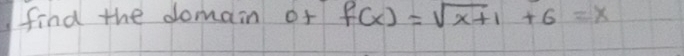 find the domain of f(x)=sqrt(x+1)+6=x