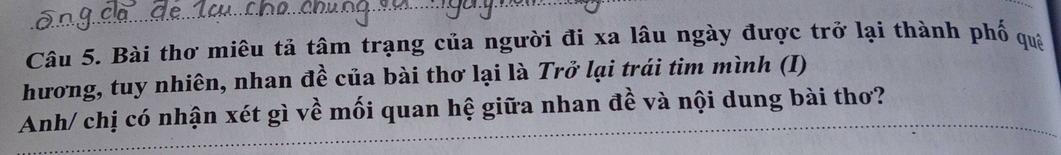 Bài thơ miêu tả tâm trạng của người đi xa lâu ngày được trở lại thành phố quê 
hương, tuy nhiên, nhan đề của bài thơ lại là Trở lại trái tim mình (I) 
Anh/ chị có nhận xét gì về mối quan hệ giữa nhan đề và nội dung bài thơ?