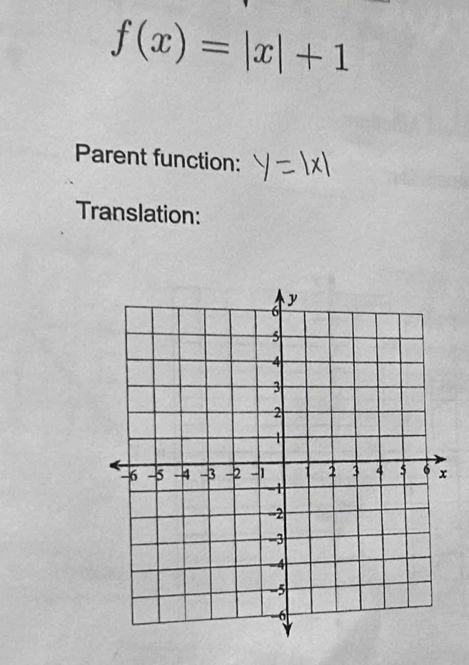 f(x)=|x|+1
Parent function: 
Translation: