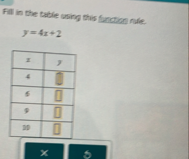 Fill in the table using this function rule.
y=4x+2
%
5