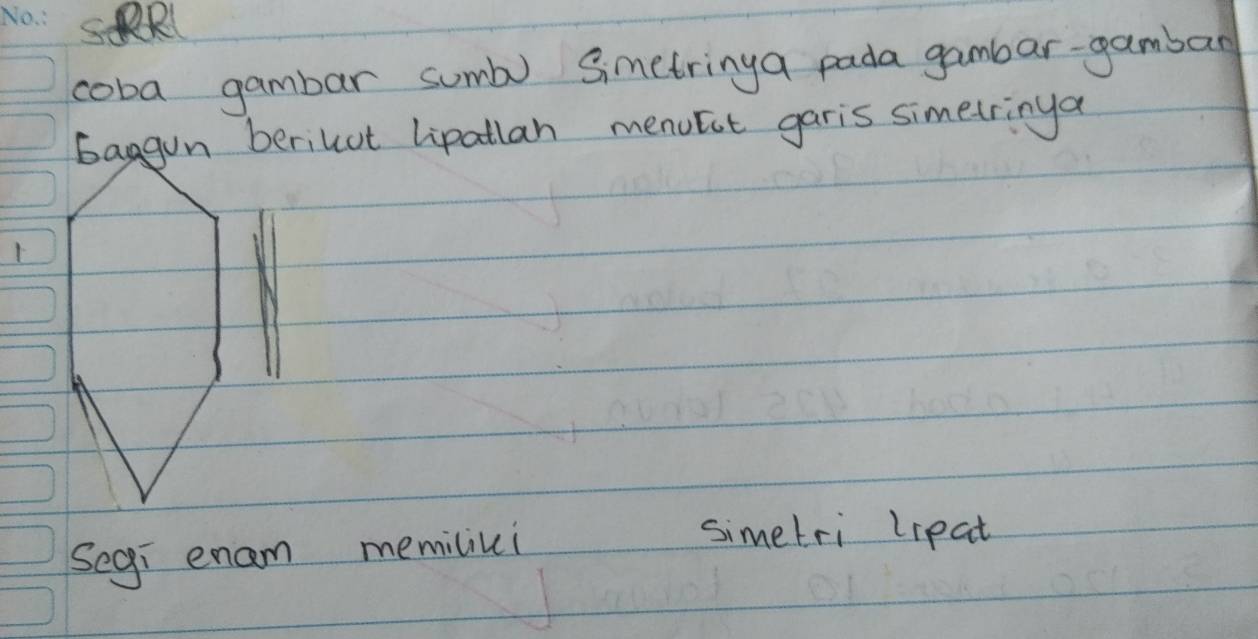 SRl 
coba gambar sumbo Simetringa pada gambar-gambar 
baggun berilut lipatlan menotet garis simetringa 
Segi enam memiliui 
simetri lipat