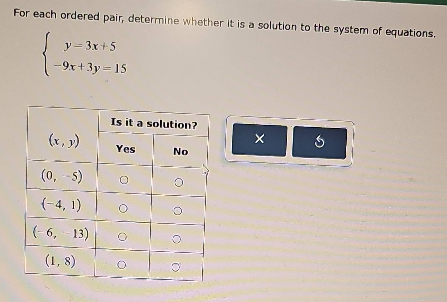 For each ordered pair, determine whether it is a solution to the system of equations.
beginarrayl y=3x+5 -9x+3y=15endarray.
×