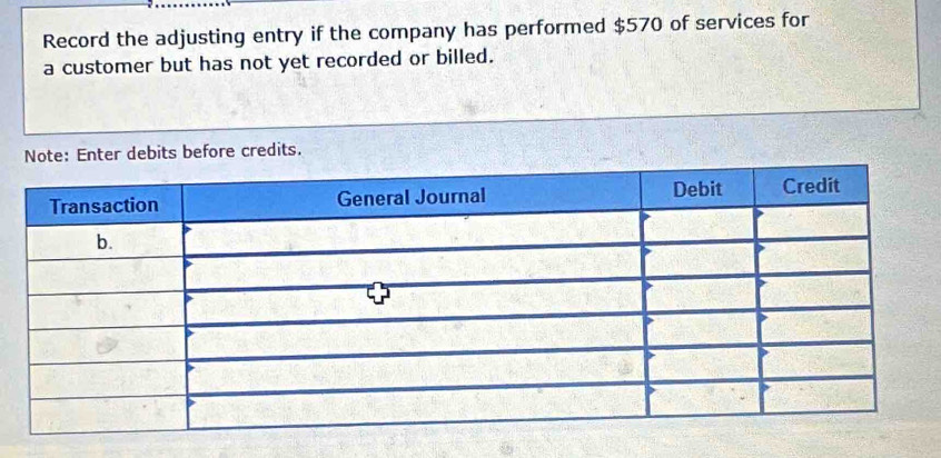 Record the adjusting entry if the company has performed $570 of services for
a customer but has not yet recorded or billed.
debits before credits.