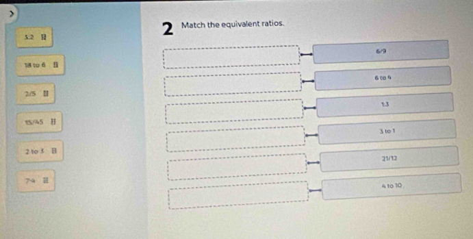 >
3.2 2 Match the equivalent ratios.
6/9
18 to 6 l
6 to 4
2/5
1:3
15/45 H
3 to 1
2 to 5
21/12
4 to 10