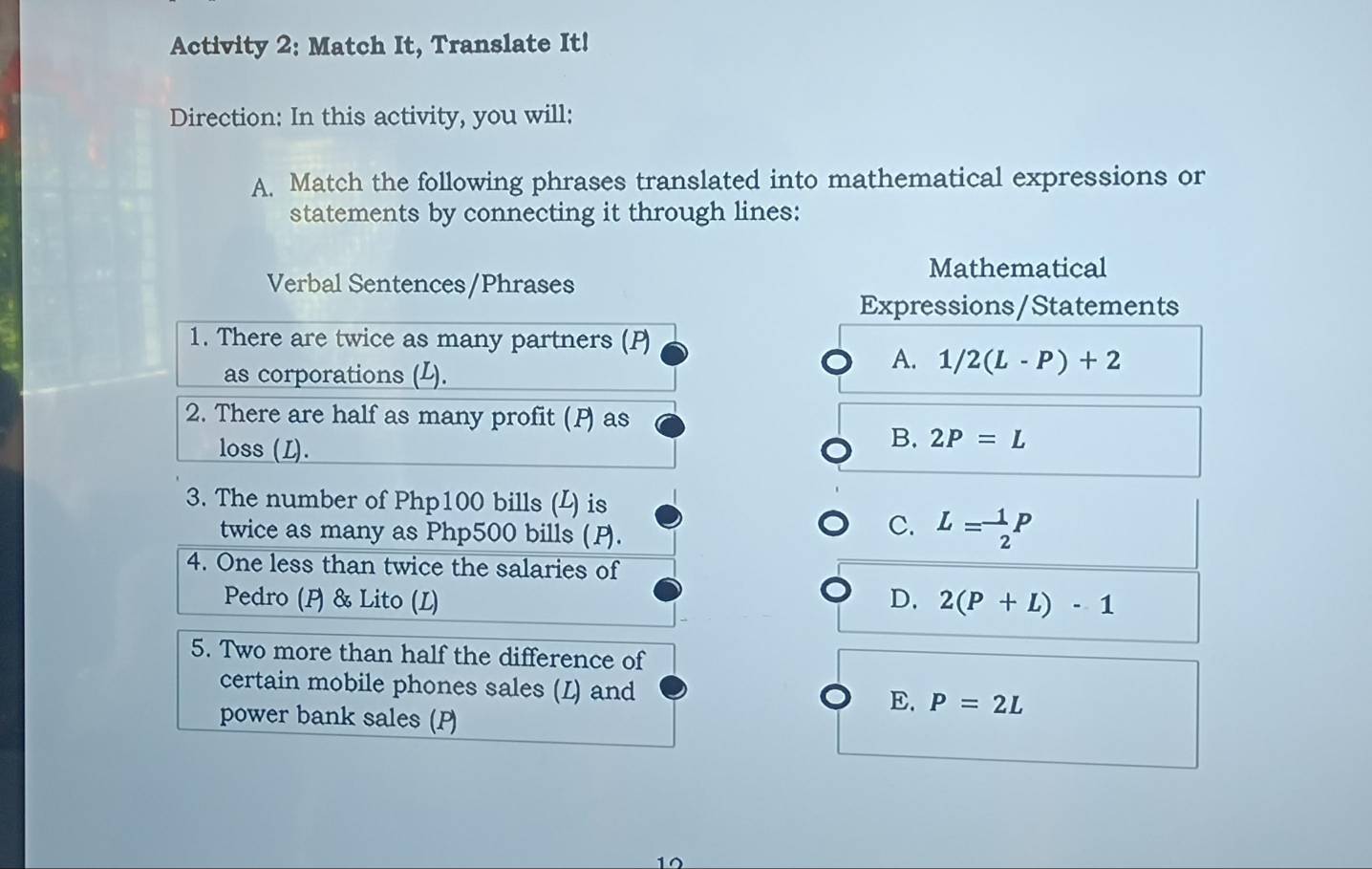 Activity 2: Match It, Translate It!
Direction: In this activity, you will:
A. Match the following phrases translated into mathematical expressions or
statements by connecting it through lines:
Mathematical
Verbal Sentences/Phrases
Expressions/Statements
1. There are twice as many partners (P)
as corporations (L).
A. 1/2(L-P)+2
2. There are half as many profit (P) as
loss (L).
B. 2P=L
3. The number of Php100 bills (L) is
twice as many as Php500 bills (P).
C. L= 1/2 P
4. One less than twice the salaries of
Pedro (P) & Lito (L) D. 2(P+L)-1
5. Two more than half the difference of
certain mobile phones sales (L) and E. P=2L
power bank sales (P)
10