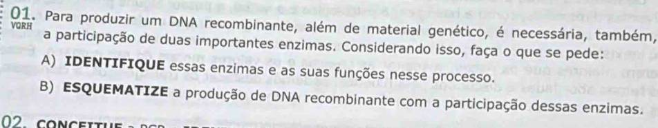 VQRH 01. Para produzir um DNA recombinante, além de material genético, é necessária, também, 
a participação de duas importantes enzimas. Considerando isso, faça o que se pede: 
A) IDENTIFIQUE essas enzimas e as suas funções nesse processo. 
B) ESQUEMATIZE a produção de DNA recombinante com a participação dessas enzimas. 
02 conceitue