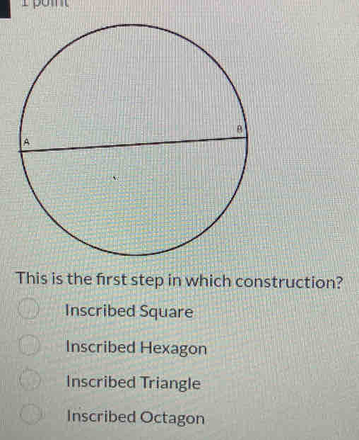 pom
This is the first step in which construction?
Inscribed Square
Inscribed Hexagon
Inscribed Triangle
Inscribed Octagon