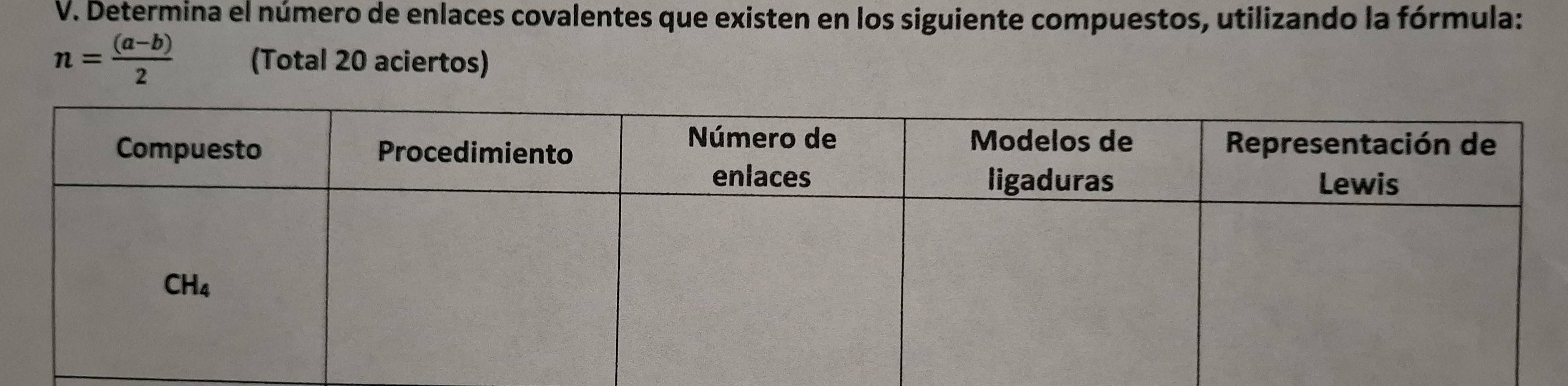 Determina el número de enlaces covalentes que existen en los siguiente compuestos, utilizando la fórmula:
n= ((a-b))/2  (Total 20 aciertos)