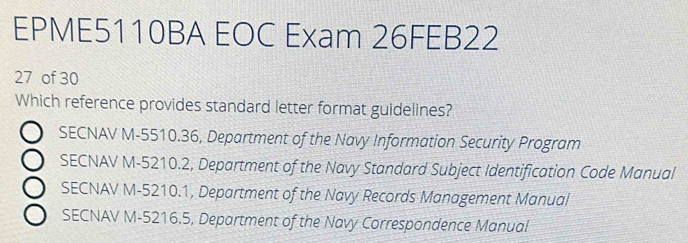 Solved: EPME5110BA EOC Exam 26FEB22 27 of 30 Which reference provides ...