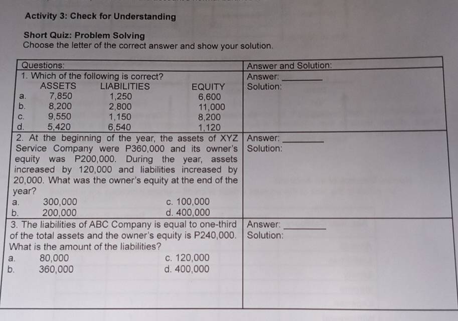 Activity 3: Check for Understanding 
Short Quiz: Problem Solving 
Choose the letter of the correct answer and show your solution. 
y 
a 
b 
3 
o 
W 
a 
b.