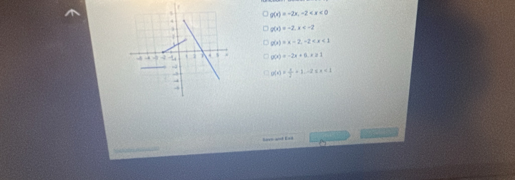 g(x)=-2x, -2
g(x)=-2, x
g(x)=x-2, -2
g(x)=-2x+6, x≥ 1
g(x)= x/2 +1-2≤ x<1</tex> 
Sovs and Esi