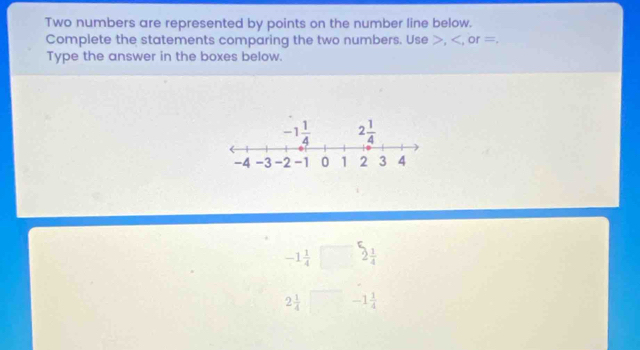 Two numbers are represented by points on the number line below.
Complete the statements comparing the two numbers. Use >,
-1 1/4  5_2 1/4 
2 1/4  -1 1/4 