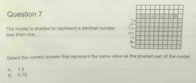 The model is shaded to represent a decimal number
less than one.
Select the correct answer that represent the same value as the shaded part of the model.
A. 7.9
B. 0.79