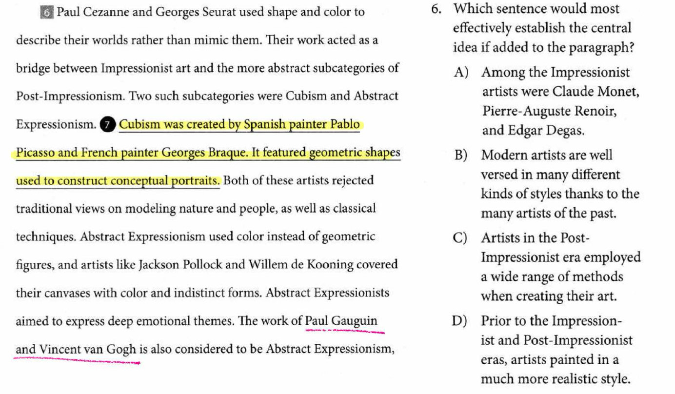 Paul Cezanne and Georges Seurat used shape and color to 6. Which sentence would most
effectively establish the central
describe their worlds rather than mimic them. Their work acted as a
idea if added to the paragraph?
bridge between Impressionist art and the more abstract subcategories of A) Among the Impressionist
Post-Impressionism. Two such subcategories were Cubism and Abstract
artists were Claude Monet,
Pierre-Auguste Renoir,
Expressionism. 7 Cubism was created by Spanish painter Pablo and Edgar Degas.
Picasso and French painter Georges Braque. It featured geometric shapes B) Modern artists are well
used to construct conceptual portraits. Both of these artists rejected
versed in many different
kinds of styles thanks to the
traditional views on modeling nature and people, as well as classical
many artists of the past.
techniques. Abstract Expressionism used color instead of geometric C) Artists in the Post-
figures, and artists like Jackson Pollock and Willem de Kooning covered
Impressionist era employed
a wide range of methods
their canvases with color and indistinct forms. Abstract Expressionists when creating their art.
aimed to express deep emotional themes. The work of Paul Gauguin D) Prior to the Impression-
ist and Post-Impressionist
and Vincent van Gogh is also considered to be Abstract Expressionism,
eras, artists painted in a
much more realistic style.